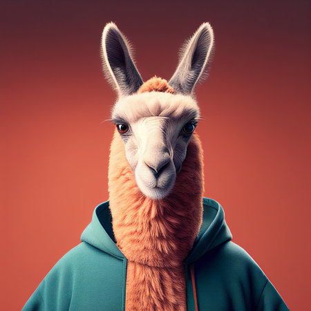 Portrait of a cute llama in a hoodie on a red backgroundの素材