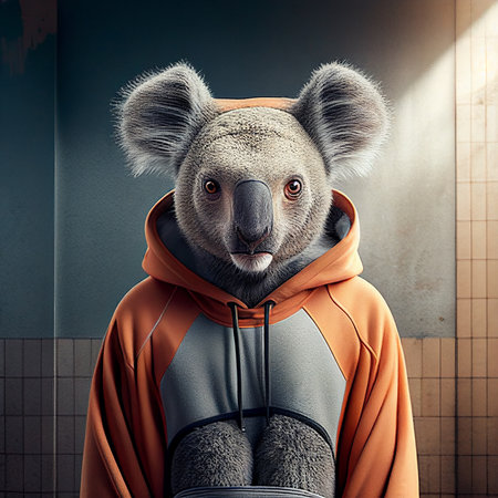 Portrait of a koala in an orange raincoat. 3d renderingの素材
