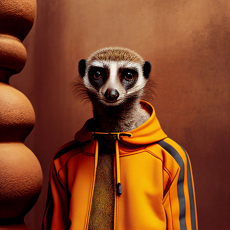 Surprised meerkat in a yellow jacket and a hoodie.の素材