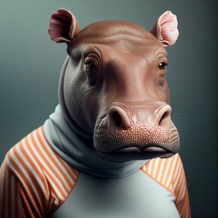 Portrait of a hippo in a striped t-shirt.の素材