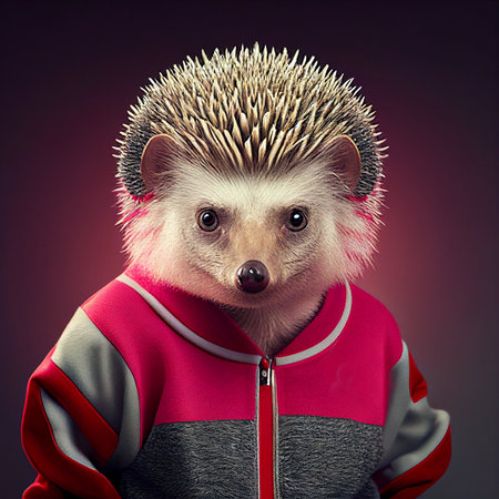 Portrait of a cute hedgehog in a red sports jacket.の素材