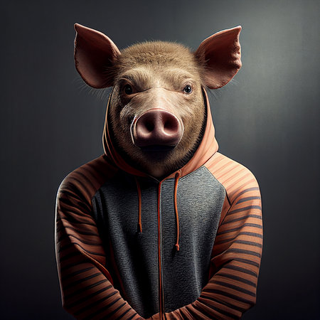 Portrait of a funny pig in a hoodie on a dark backgroundの素材