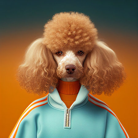 Portrait of a poodle dog wearing warm sportswear.の素材
