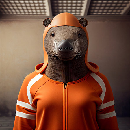 3d illustration of a bear in an orange sportswear with a beardの素材