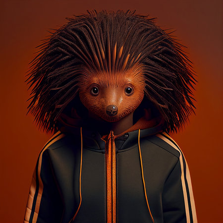 Hedgehog in a black jacket and hoodie on a dark background.の素材