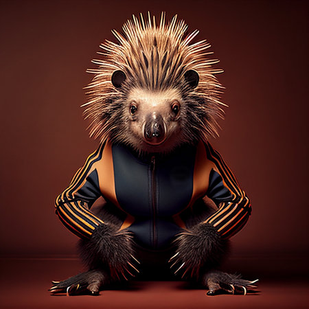 Porcupine in black and orange jacket on a dark backgroundの素材