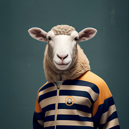 Funny sheep with fur coat and hood. Portrait of sheep.の素材