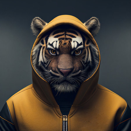 Portrait of a tiger wearing a hoodie. Studio shot.の素材