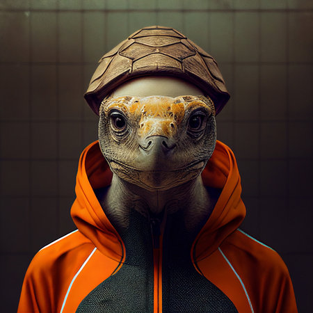 Portrait of a bearded dragon in a helmet and an orange jacketの素材
