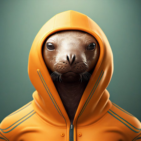 Portrait of a sea lion in a yellow jacket and hood.の素材