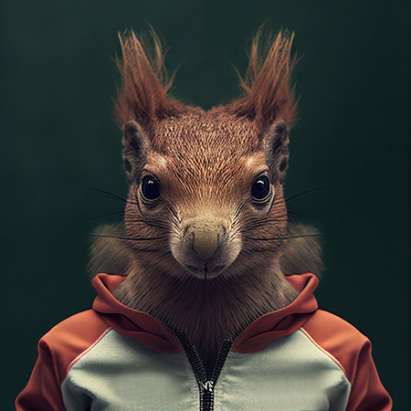 Portrait of a squirrel in a jacket on a dark background.の素材
