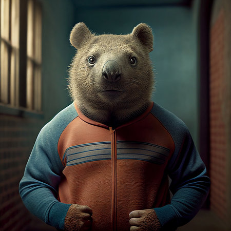 3D illustration of a bear in an orange jacket and a hoodの素材