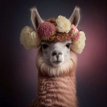 Portrait of a cute alpaca with flowers on his head.の素材
