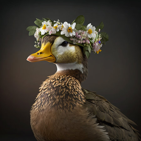 duck with a wreath of flowers on his head on a dark backgroundの素材