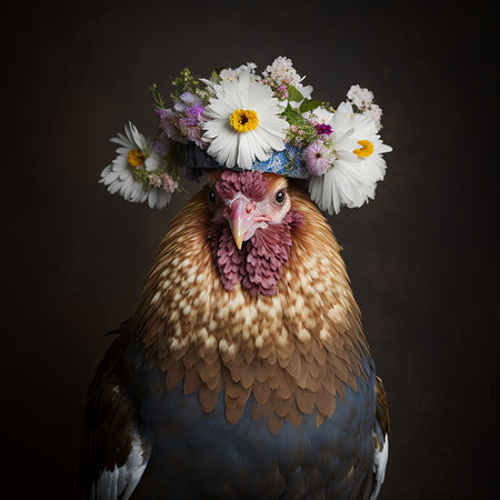 Portrait of a rooster in a wreath of daisiesの素材