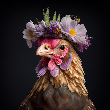 portrait of a rooster with a wreath of flowers on a black backgroundの素材