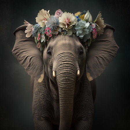 Asian elephant with a wreath of flowers on his head on dark backgroundの素材