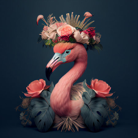 Flamingo with a wreath of flowers. 3d illustrationの素材