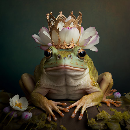 Frog with crown and flowers on a dark background. 3d renderingの素材