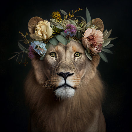 Lion head in a wreath of flowers on a dark backgroundの素材