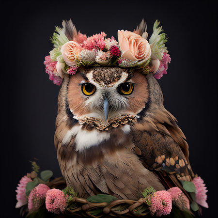 Beautiful owl in a wreath of flowers on a black background.の素材