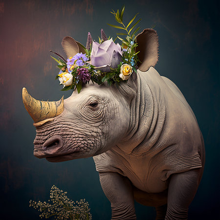 White rhinoceros with a wreath of flowers on his headの素材