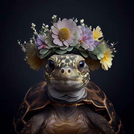 tortoise with a wreath of flowers on his head.の素材