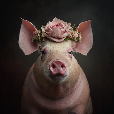 Portrait of a funny pig in a wreath of flowers on a dark backgroundの素材