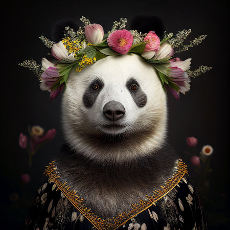 Portrait of a giant panda wearing a wreath of flowers.の素材