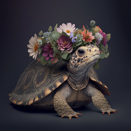 Tortoise with flowers on a dark background. 3d renderの素材