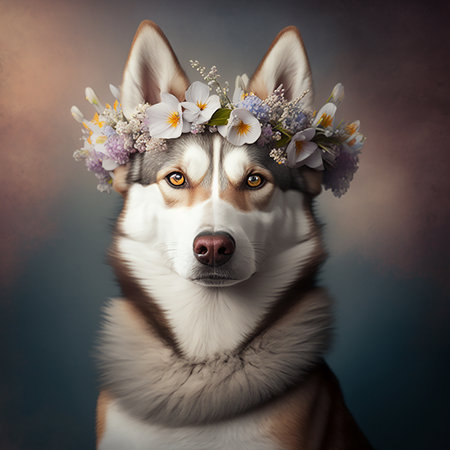 Portrait of a beautiful siberian husky dog wearing a wreath of flowers.の素材