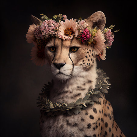 Beautiful portrait of a cheetah in a wreath of flowersの素材