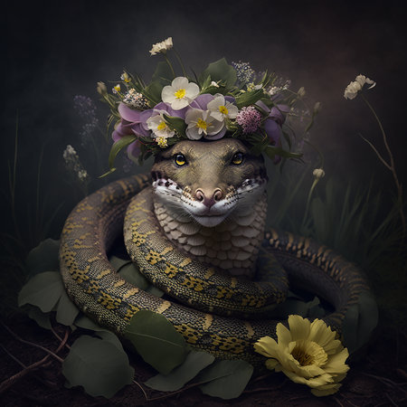 3d rendering of a snake with a flower wreath on her headの素材
