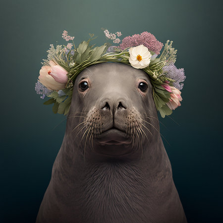 Portrait of a seal with a wreath of flowers on his headの素材
