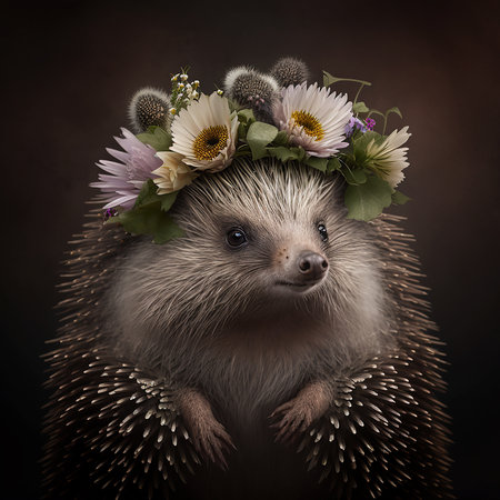 Hedgehog in a wreath of flowers on a dark backgroundの素材