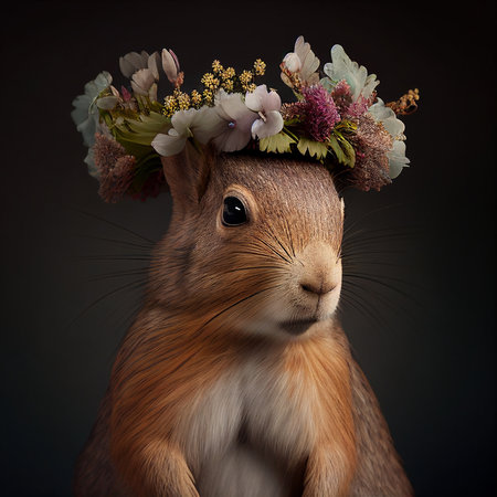 Portrait of a squirrel with a wreath of flowers on his head.の素材