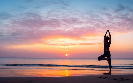 Creative Concept. Silhouette of a woman doing yoga in stunning beautiful sunset tranquil beach. illuminated with light. sensual, advertisement, magazine, healthの写真素材