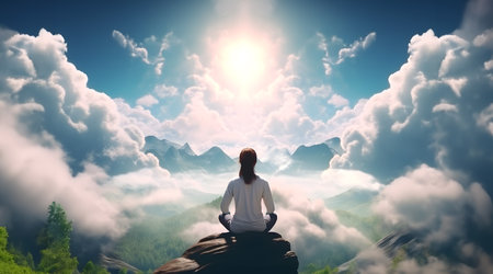 Creative Concept. Silhouette of a woman mediate in stunning beautiful mountain clouds sky landscape. illuminated with light. sensual, advertisement, magazine, healthの素材