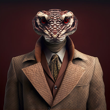 Realistic lifelike snake reptile in dapper high end luxury formal suit and shirt, commercial, editorial advertisement, surreal surrealismの素材