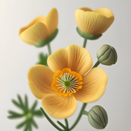 Bouquet of yellow orange buttercup crowfoot flower plant with leaves isolated on white background....