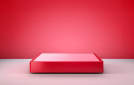 Abstract minimal concept. Modern red pink podium stage platform square cube display on background room. Mock up template for product presentation. 3D rendering. copy text spaceの写真素材
