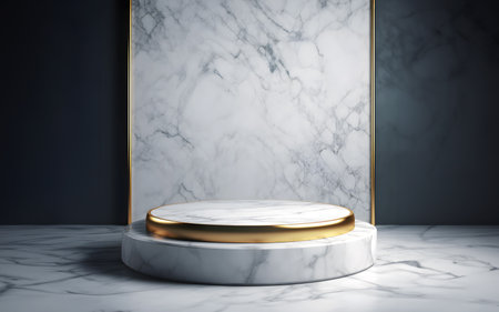 Abstract minimal concept. Modern ivory white marble podium stage platform display on background room. Mock up template for product presentation. 3D rendering. copy text spaceの写真素材