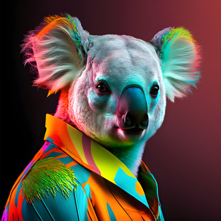 Realistic lifelike koala bear in fluorescent electric highlighters ultra-bright neon outfits, commercial, editorial advertisement, surreal surrealism. 80s Era comeback.の素材