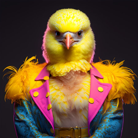 Realistic lifelike baby chick in fluorescent electric highlighters ultra-bright neon outfits, commercial, editorial advertisement, surreal surrealism. 80s Era comeback.の素材