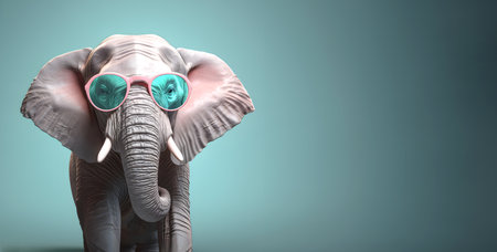 Creative animal concept. elephant in sunglass shade glasses isolated on solid pastel background, commercial, editorial advertisement, surreal surrealismの素材