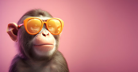 Creative animal concept. monkey in sunglass shade glasses isolated on solid pastel background, commercial, editorial advertisement, surreal surrealismの素材