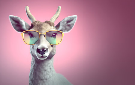 Creative animal concept. deer in sunglass shade glasses isolated on solid pastel background, commercial, editorial advertisement, surreal surrealismの素材
