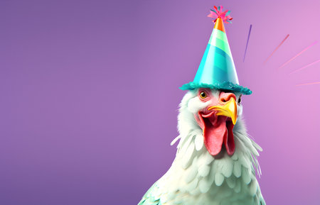 Creative animal concept. Chicken hen in party cone hat necklace bowtie outfit isolated on solid pastel background advertisement, copy text space. birthday party invite invitationの素材