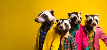 Creative animal concept. Badger in a group, vibrant bright fashionable outfits isolated on solid background advertisement, copy text space. birthday party invite invitation bannerの素材