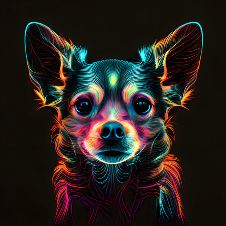 Chihuahua dog puppy in abstract, graphic highlighters lines rainbow ultra-bright neon artistic portrait, commercial, editorial advertisement, surrealism. Isolated dark backgroundの素材